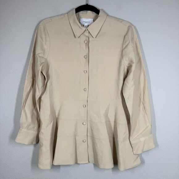 Pomander Place Tuckernuck Tan Ashlen Button Down Flounce Blouse Top Size Medium - Picture 1 of 7